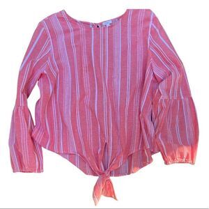 ROSE CORAL WHITE STRIPE LONG BELL SLEEVE KNOTTED BLOUSE SIZE XL